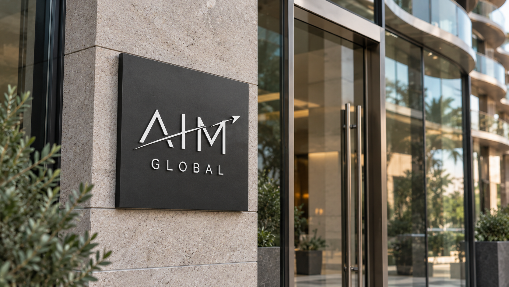 AIM Global signage beside a glass entrance in an office exterior concept
