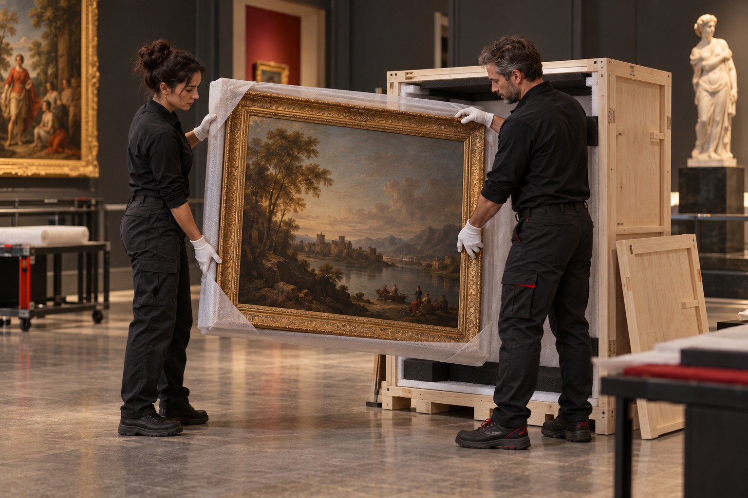 Illustrative museum technicians preparing an artwork installation